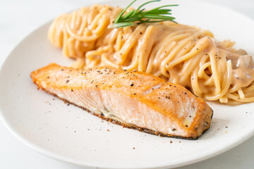 grilled salmon with spaghetti creamy tomato sauce