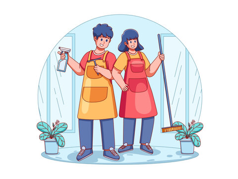 illustration of a professional cleaning team in action. Two people are depicted wearing aprons, equipped with cleaning tools such as spray bottles, squeegees, and brooms in a room. 