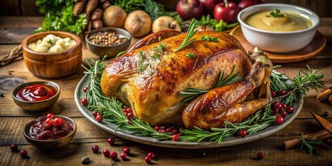 Juicy Roasted Turkey with Festive Herbs & Side Dishes on Kitchen Counter
