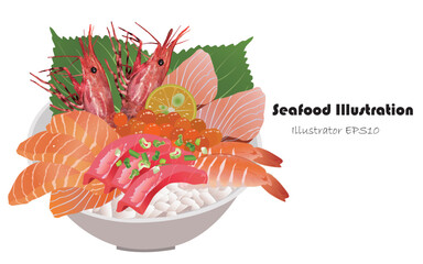 Japanese seafood rice bowl vector illustration