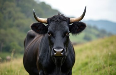 Naklejka premium Close-up portrait of black Angus bull with big horns. Bovine grazes on pasture, rural farm landscape. Cattle animal, beef livestock industry. Agriculture theme.