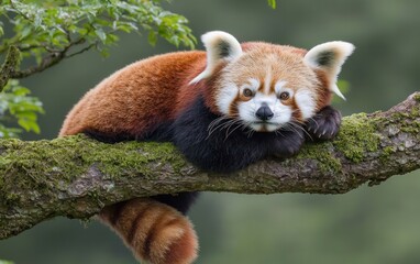 Fototapeta premium Red panda resting on a moss-covered tree branch. Rich reddish-brown fur, fluffy tail, and serene expression. Green foliage background. Natural lighting