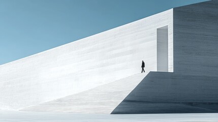 Abstract minimalist person walks towards open doorway in modern white architecture