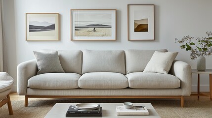 Modern beige sofa in a minimalist living room with art prints