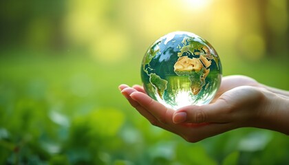 Hand holds crystal earth globe over green nature. Earth Day concept, environment protection, nature conservation, global warming, ecology concept, save planet.