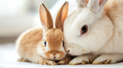 Obraz premium Adorable bonding moment between two fluffy rabbits snuggling together. Mother's Day, Mothering Sunday, Dia de la Madre - Global Maternal Celebration, Worldwide Family Holiday