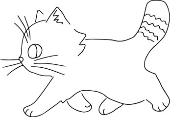cute kitten with striped tail and whiskers jogging side view hand drawn with black curved lines