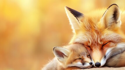 Cozy autumn scene with two sleeping red foxes on a sunny day. Mother's Day, Mothering Sunday, Dia de la Madre - Global Maternal Celebration, Worldwide Family Holiday