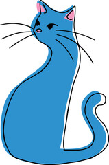elegant blue cat with long whiskers sits with neck stretched out and looks to the side, hand drawing with black curved lines