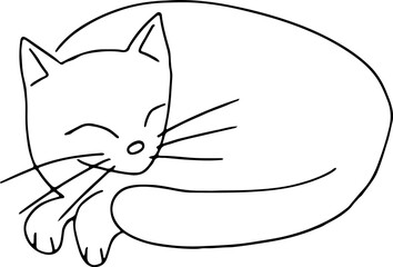 happy cat with long whiskers closed eyes and curled up, hand drawing with curved lines