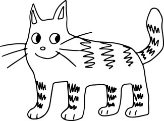 A contented smiling cat with black stripes stands with its tail raised and looks back, hand drawing with black curved lines