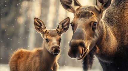 Moose and calf in winter forest. Mother's Day, Mothering Sunday, Dia de la Madre - Global Maternal Celebration, Worldwide Family Holiday