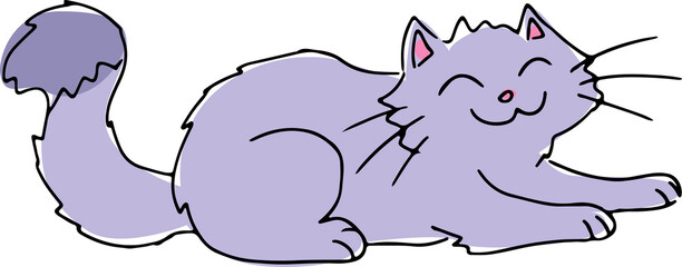 happy shaggy smiling cat pale gray blue color with fluffy tail lies on stomach stretching out its paws, hand drawing with black curved lines