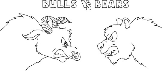 a bear and a bull look at each other angrily and growl, the inscription bulls vs bears at the top, symbolizing the tension between bullish and bearish market trends in cryptocurrency, hand drawing 