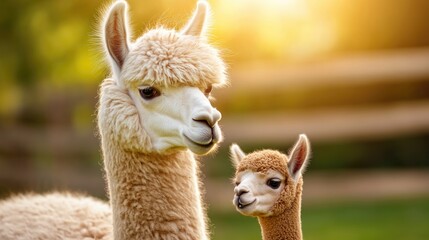 Obraz premium Adorable alpaca and cria in sunlit pasture. Mother's Day, Mothering Sunday, Dia de la Madre - Global Maternal Celebration, Worldwide Family Holiday