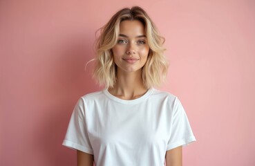 Obraz premium Beautiful young woman with bob haircut posing against soft pink background. Blonde female wearing white t-shirt smiles. Portrait shows elegant style natural make-up. Perfect for beauty marketing.