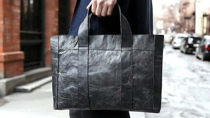 Dark grey leather tote bag