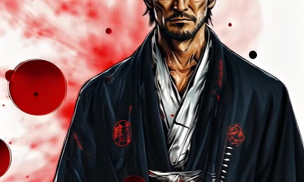 Samurai portrait with red splatter background