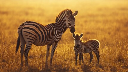 Obraz premium Zebra and foal in sunlit savanna at golden hour. Mother's Day, Mothering Sunday, Dia de la Madre - Global Maternal Celebration, Worldwide Family Holiday