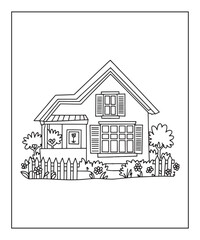 Fototapeta premium House coloring page for kids, black line art vector illustration on white background
