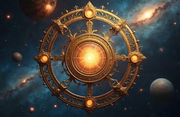 Cosmic wheel illustration. Golden decorative design in space, with planets, nebula, galaxies. Artwork on astrology themes fortune, destiny, horoscopes, space, future. Ideal for esoteric publications,