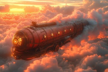 Retro-futuristic airship soars through vibrant sunset clouds