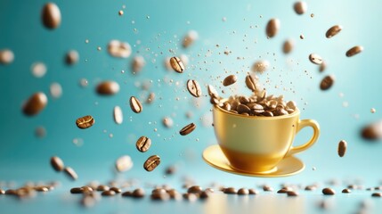 Dynamic explosion of coffee beans into yellow cup on turquoise background