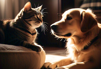 A dog and a cat are sitting facing each other