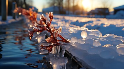 Frozen Flora: A Winter Sunset Scene