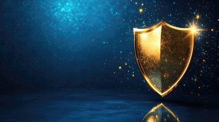 Golden shield protection illuminated by sparks. Security, data safety, privacy services backdrop for internet website, finance backdrop design with copy space