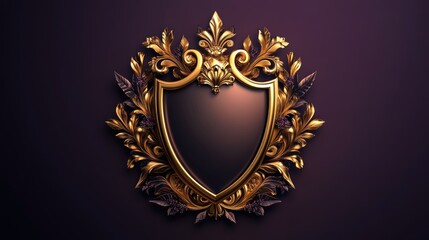 Golden ornate shield on dark background, emblem with frame decoration, luxury medieval coat of arms for awards ceremony design, branding and crest decor