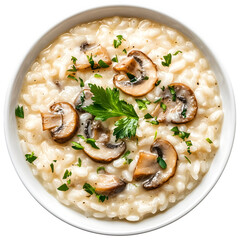 Bowl of creamy mushroom risotto garnished with parsley, isolated on transparent background