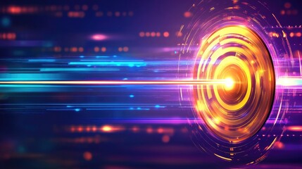 Fototapeta premium Golden ring data stream and laser beam tunnel with hi-tech effect, data processing concept for technology, innovation, cyberspace and digital transformation