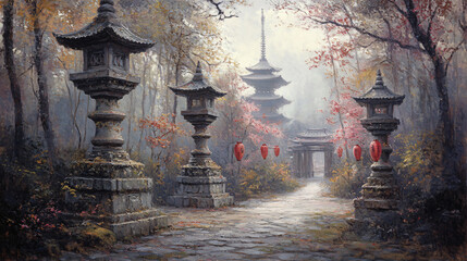 Obraz premium Oil painting bamboo forest temple clipart mist lantern pagoda red tree water reflection bridge path architecture nature fog traditional Asian spiritual garden tranquil scenic ancient shrine stair glow