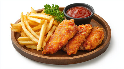 Fototapeta premium Crispy Fried Chicken and Golden French Fries with Spicy Sauce on Wooden Plate