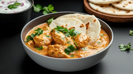 Delicious Bowl of Aromatic Chicken Curry Served with Warm Pita Bread