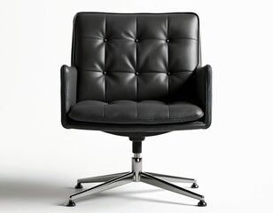 Obraz premium Black leather office chair. Modern design, isolated on white background. Comfortable seat for office, home, leisure, relaxation. Executive armchair for business, work, remote job or workspace.