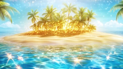 Enchanted tropical island with glowing sand and palm trees in shimmering ocean