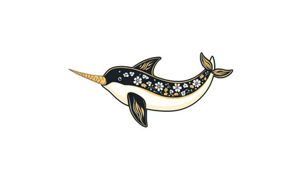Fototapeta premium Ornate Narwhal with Floral Design - Elegant Aquatic Creature Illustration