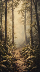 Obraz premium Oil painting forest path clipart mist tree trail green foliage sunlight shadow moss nature woodland depth peaceful landscape outdoor tranquil walk natural earthy scene branch detail fog dirt calm root