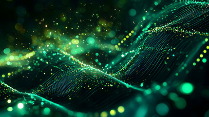 Digital particles and abstract data flow glowing green background wallpaper ethereal environment dynamic viewpoint