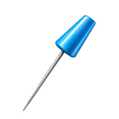 Bright blue pushpin with a sharp metallic point, ideal for marking maps or bulletin boards, isolated on transparent background