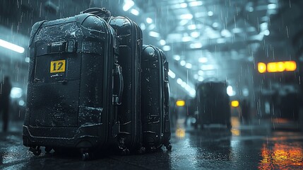 Dark Suitcases in Rainy City Setting
