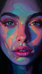 Colorful abstract portrait of woman with expressive eyes and lips, vibrant oil paint texture, contemporary digital art style
