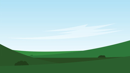 Obraz premium green field with hill and blue sky. nature landscape cartoon scene background