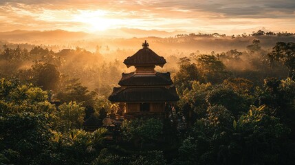 A breathtaking sunset view of a Balinese temple with copy space for Nyepi Day messages. © Sirinya