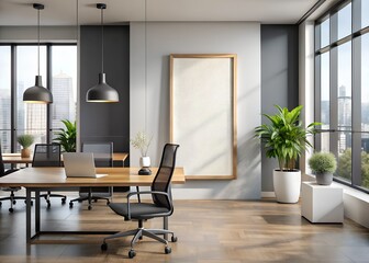 Meeting room, office with empty display white blank frame mockup. Modern business offices reception background as banner with copy space