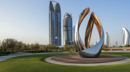 A breathtaking view of the Founder nument in Abu Dhabi with the iconic Etihad Towers in the background, showcasing modern architecture.