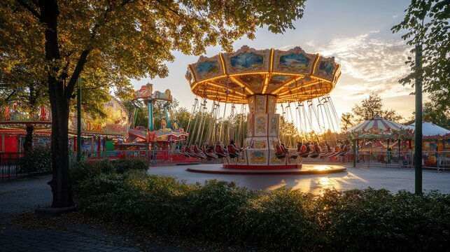 A bright and cheerful scene at Vienna Prater amusement park, blending classic rides with a relaxing morning atmosphere.