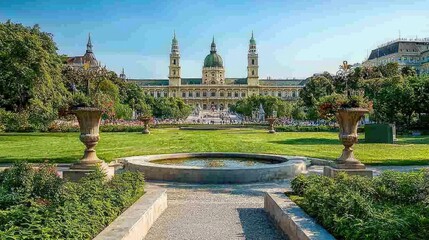 A bright summer day view of the Vienna Parliament, surrounded by lush greenery and a clear blue sky.